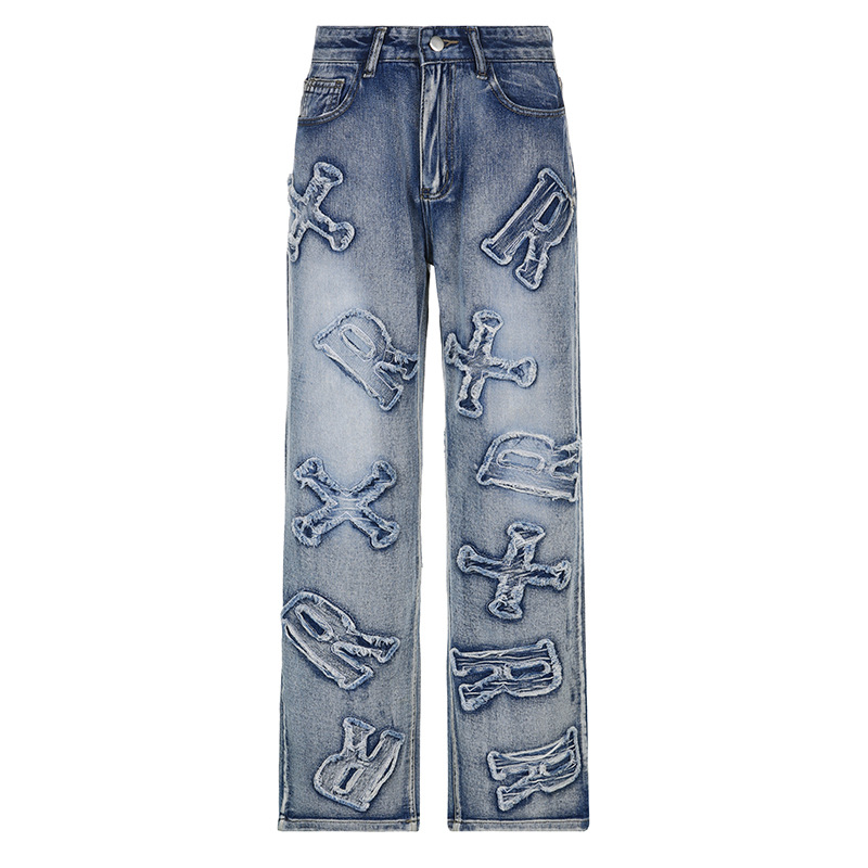 Fashion Women Edgy Letter Cross Pattern Loose Straight Casual Denim Pants Jeans