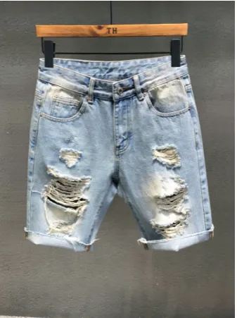 Men Old Craft Fashion Loose Comfortable Washed Ripped Denim Shorts