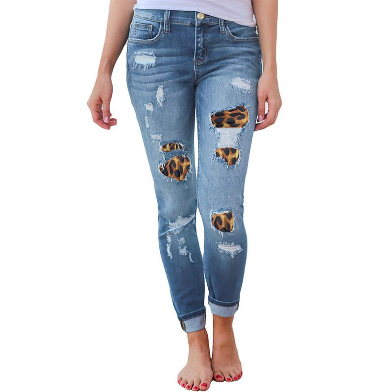Fashion Leopard Print Patchwork Design Pencil Skinny Jeans