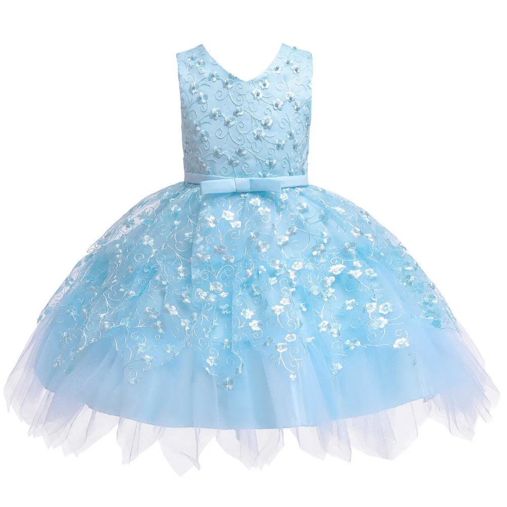 Kids Toddler Girls Fashion Party Cute Sweet Solid Color Floral Embroidery Pleated Sleeveless Mesh Party Tutu Dress