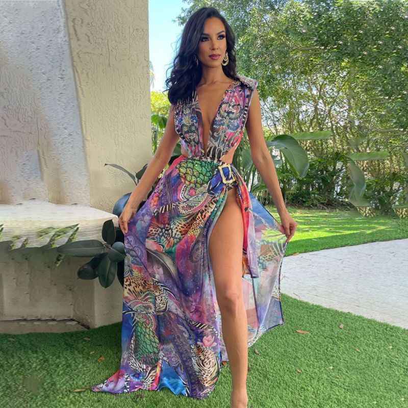 Women Fashion Sexy Vacation Floral Printed Deep V Sleeveless Backless Side Slit Two-Piece Set Dress