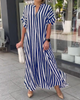 Women'S Fashion Casual Stripe Printing Side Slit Cardigan Loose Short Sleeve Dress