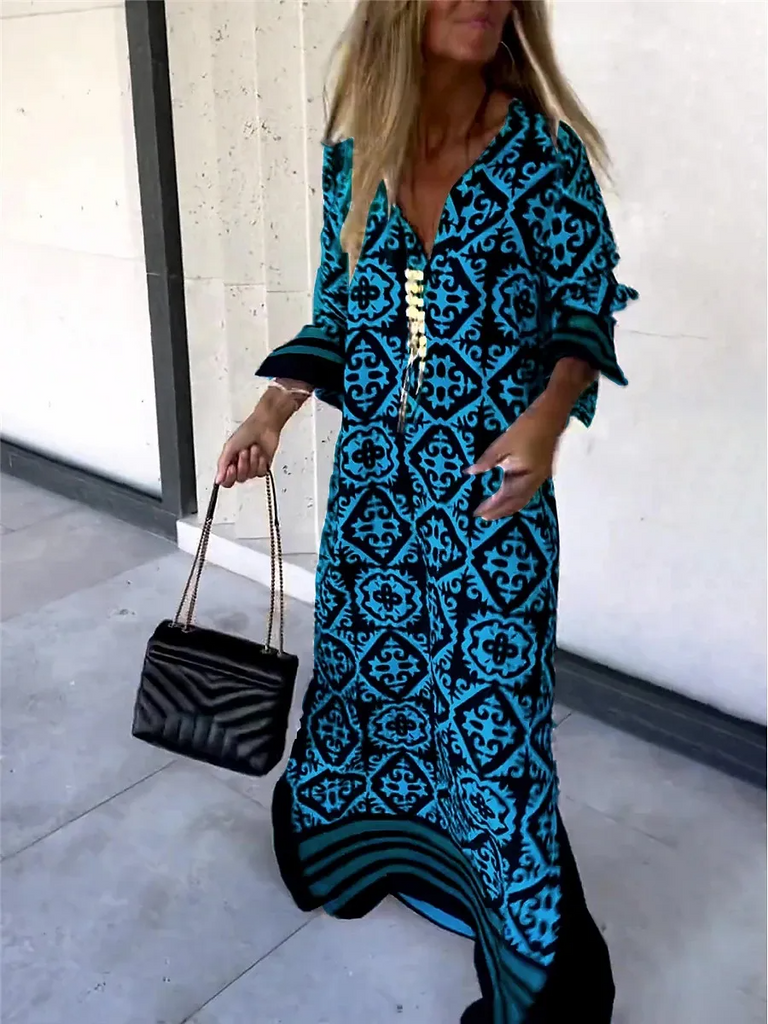 Ramadan /Eid Women Casual Boho Style Geometry Stripe Print Long Sleeve V Neck Loose Maxi Dress