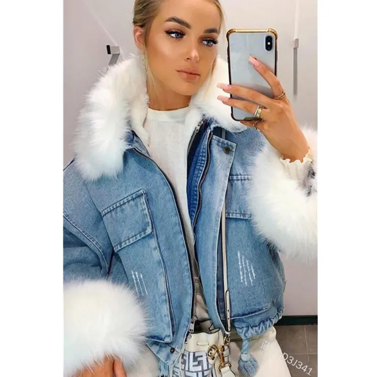 Autumn And Winter Women Fashion Long Sleeve Plush Denim Coat