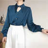 Women Fashion Elegant Solid Color Pointed Collar Long Sleeve Cut Out Shirt Blouse