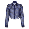 Women Edgy Sexy See-Through Mesh Plaid Pattern Lapel Slim Fit Single-Breasted Fashion Blouse