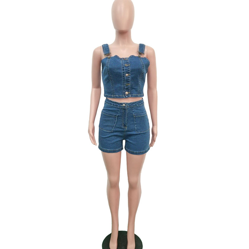 Women Sexy Single-Breasted Denim Tank Top And Shorts Two-Piece Sets