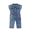 Baby Girl Stand Collar Lace-Up Design Denim Jumpsuit