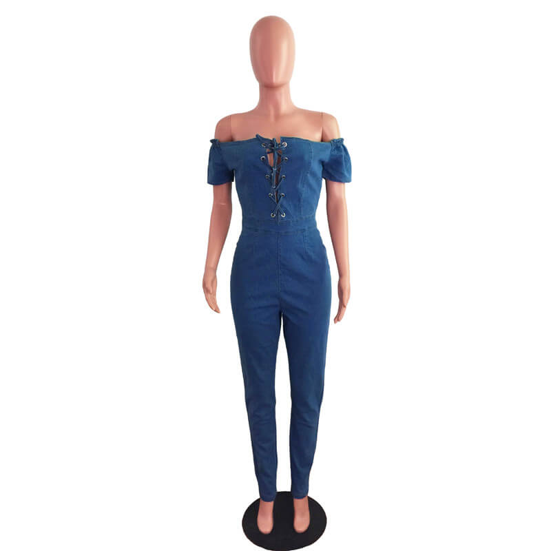 Women Sexy Lace-Up Off-The-Shoulder Denim Jumpsuits