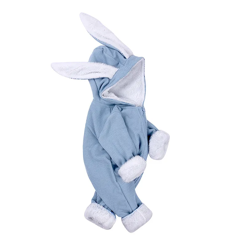 Kids Baby Boys Girls Autumn Winter Casual Cute Solid Color Stripe Rabbit Ears Fleece Long Sleeve Hooded Jumpsuit