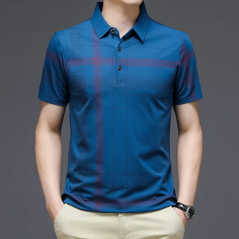 Men Fashion Casual Striped Plaid Print Lapel Short-Sleeved Loose Polo Shirt