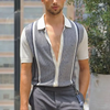 Men Casual Simple Lapel Knitted Striped Contrast Color Short-Sleeved Fit Polo Shirt