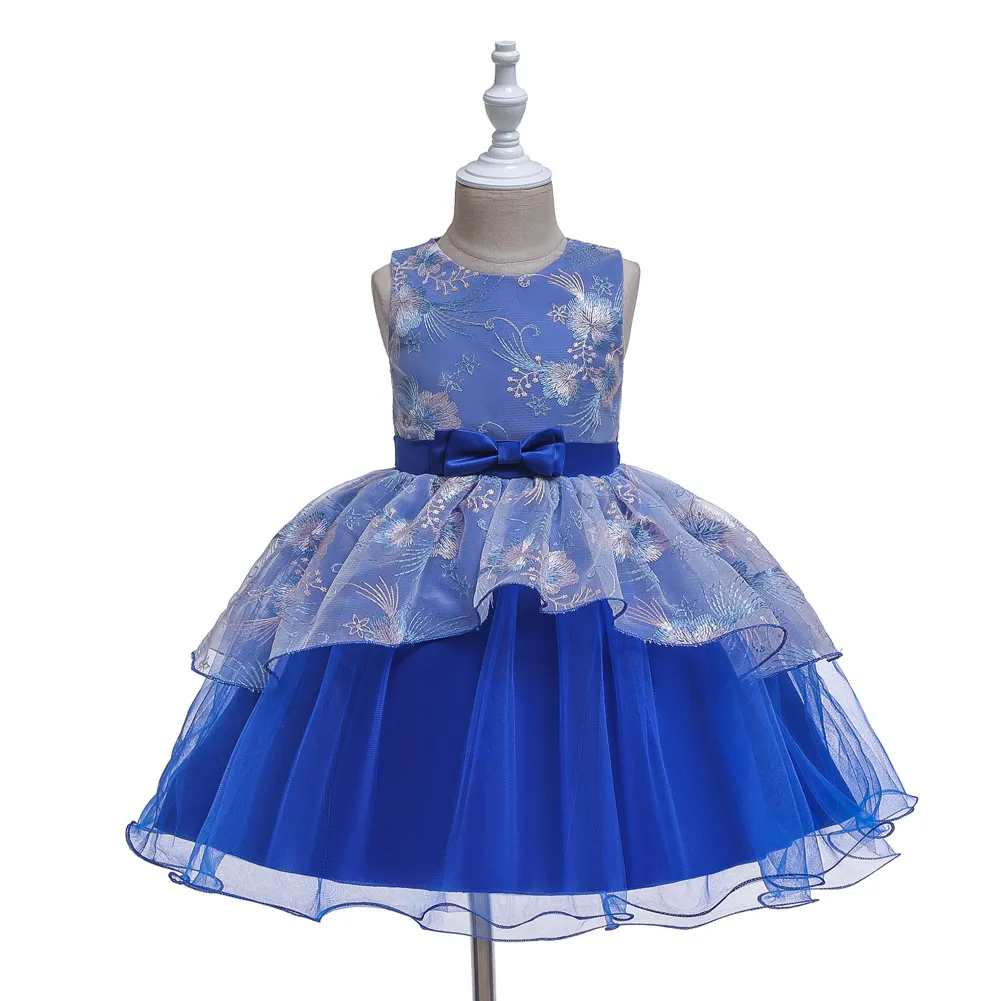 Kids Toddler Girls Fashion Party Cute Sweet Color Matching Embroidery Bow Pleated Sleeveless Mesh Party Tutu Dress