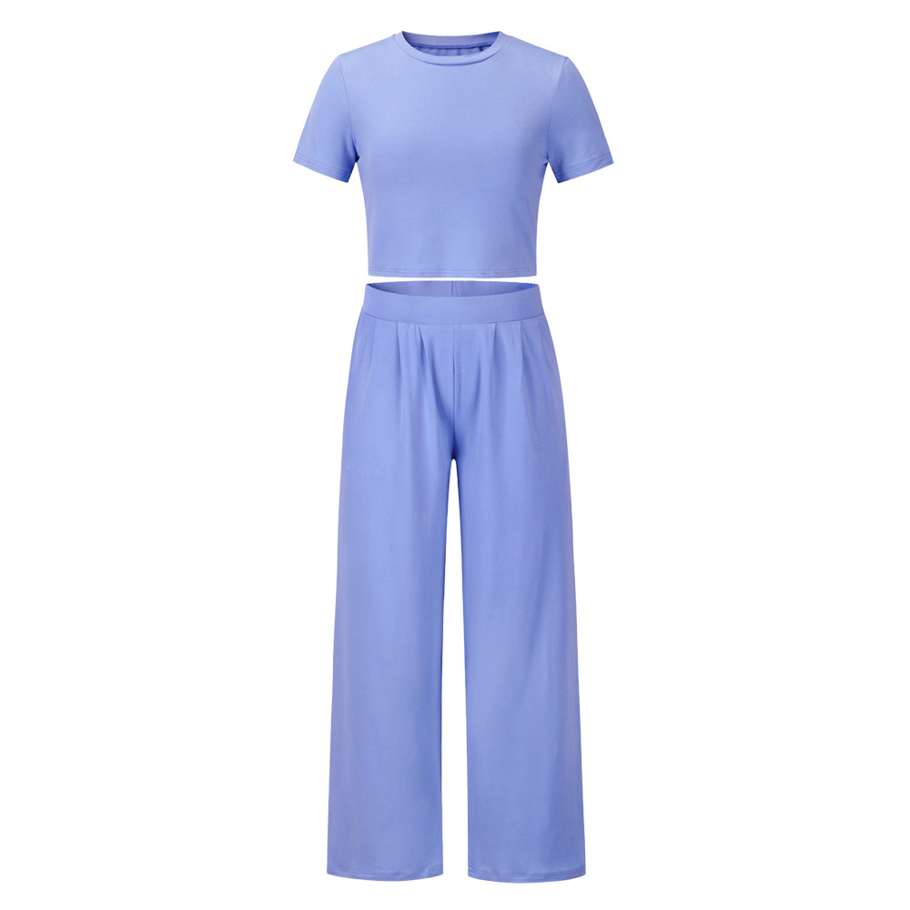 Women Summer Casual Solid Color Short Sleeve Top And Wide Leg Trousers Two-Piece Set