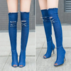 Women Solid Color Denim Open Toe Over The Knee Boots