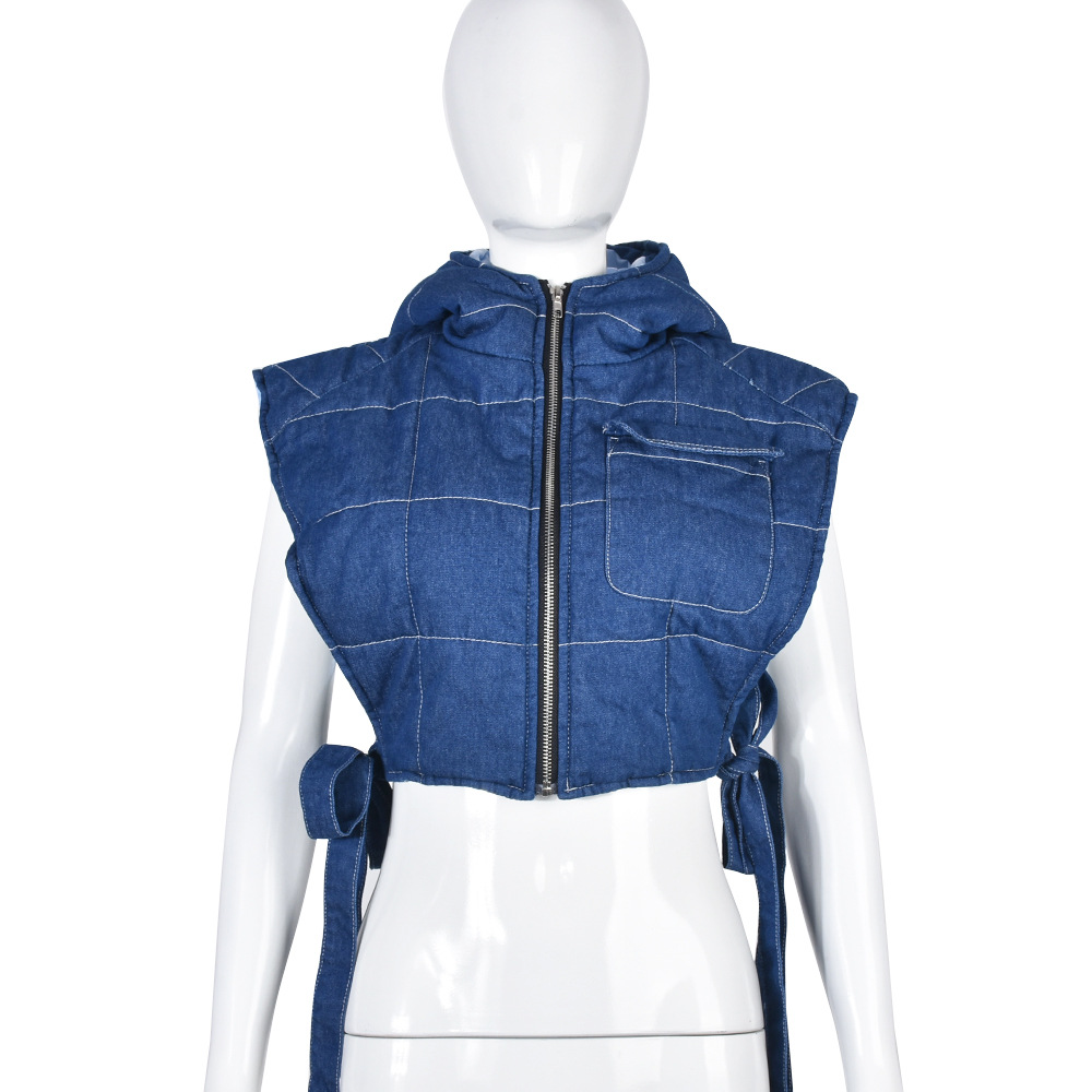 Women'S Fashion Denim Padded Hooded Sleeveless Vest