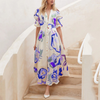 Women Vacation Beach Swing Elastic Fabric Floral Printed Buttoned Half Sleeve V Neck Casual Maxi Shirt Dress