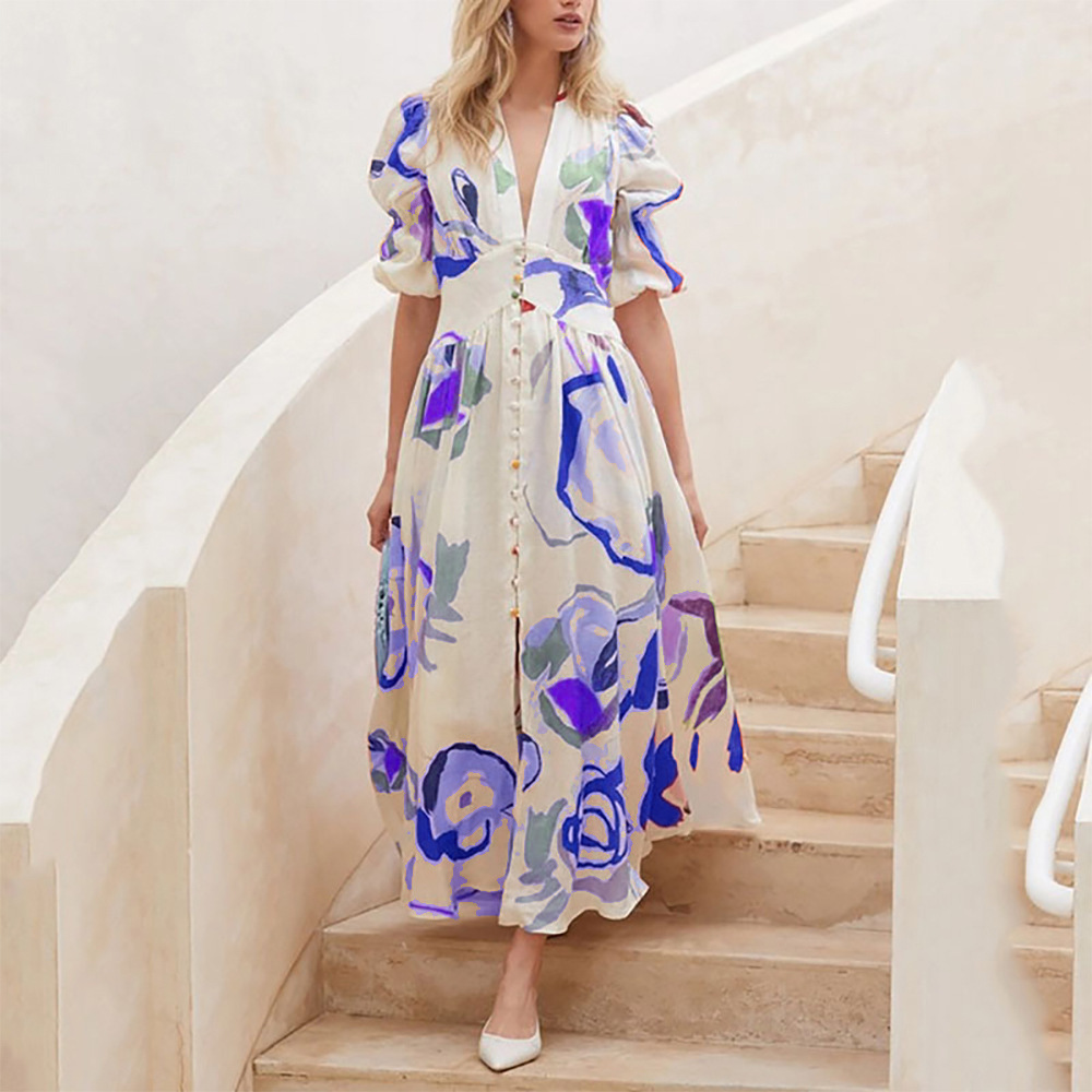 Women Vacation Beach Swing Elastic Fabric Floral Printed Buttoned Half Sleeve V Neck Casual Maxi Shirt Dress