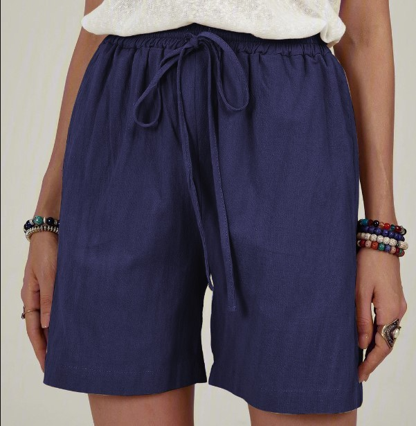 Women Fashion Casual Drawstring Cotton Linen Shorts