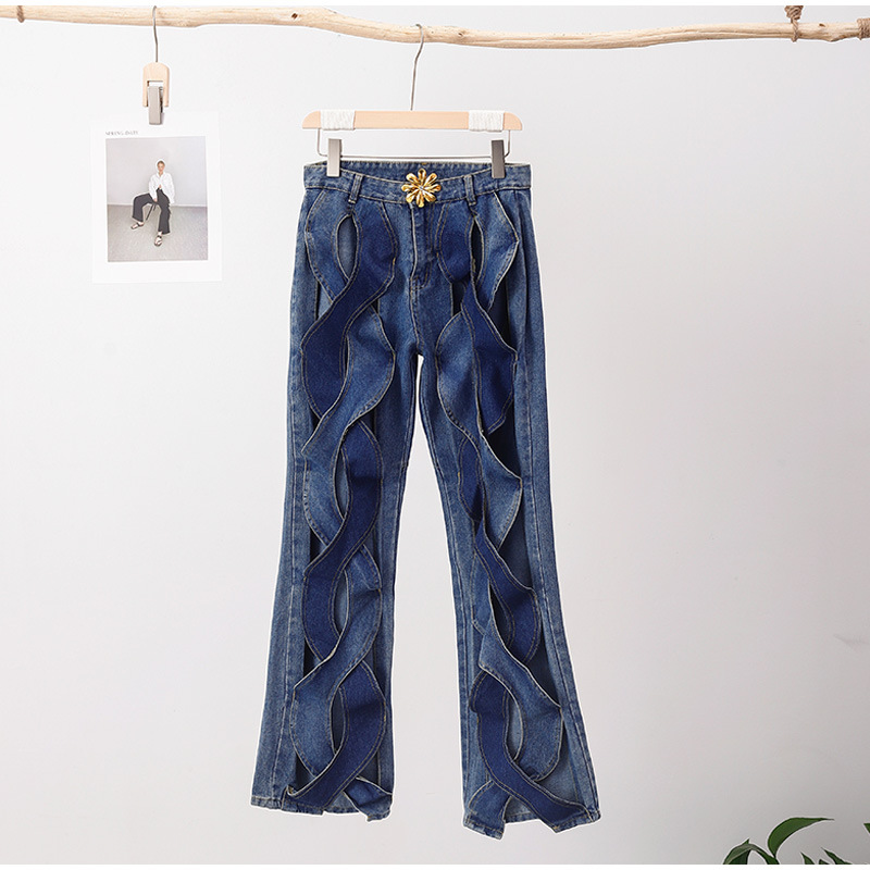 2 pieces Women Fashion Cutout Metal Buckle Wide-Leg Jeans