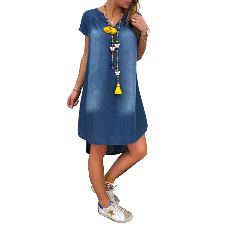 Women Casual Summer V Neck Pullover Short Sleeve Denim Dress