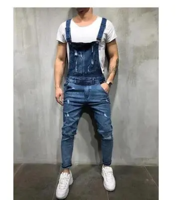 Men Fashion Casual Trend Solid Color Loose Ripped Leg Suspender Jeans