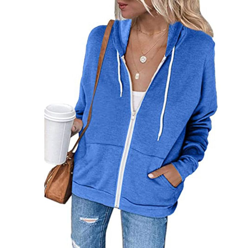 Women Casual Solid Color Zipper Hoodie