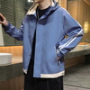 Men Casual Long Sleeve Pocket Design Stripe Printed Zipper Hooded Coat