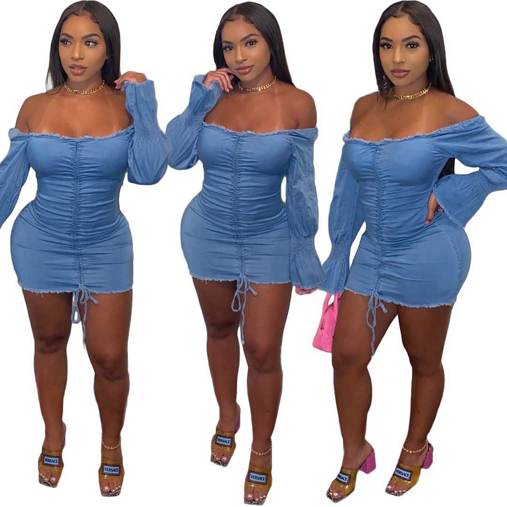 Women Basic Solid Color Denim Off-The-Shoulder Flared Long Sleeves Dress