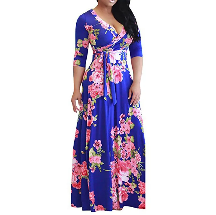 (Buy 1 Get 1) Women Ramadan /Eid Fashion Sexy Floral Printing V Neck Long Sleeve Dress