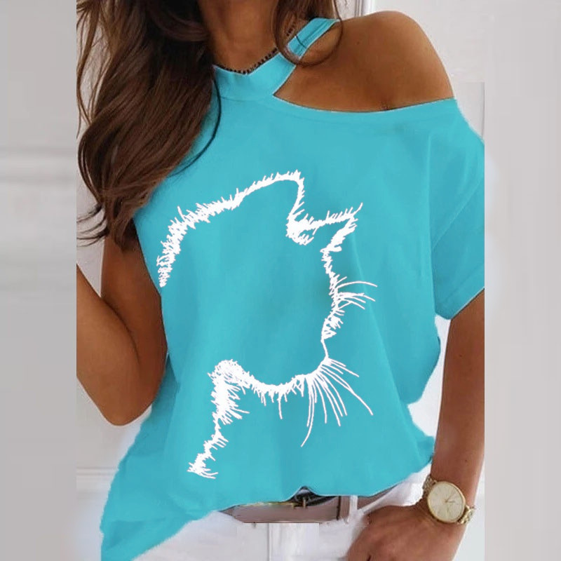 Fashion Loose Women'S Cat Print Short Sleeve Round Neck Cool-Shoulde T-Shirt