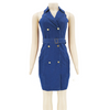 Women'S Fashion Sexy Lapel Sleeveless Double-Breasted Denim Dress