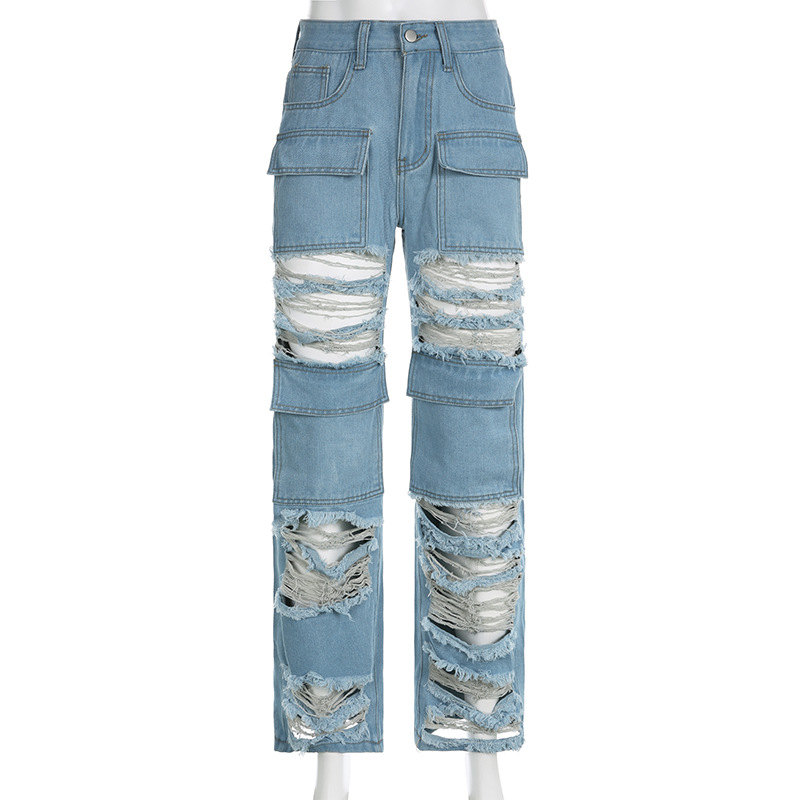 Women Fashion Casual Defined Waist Ripped Wide-Leg Jeans