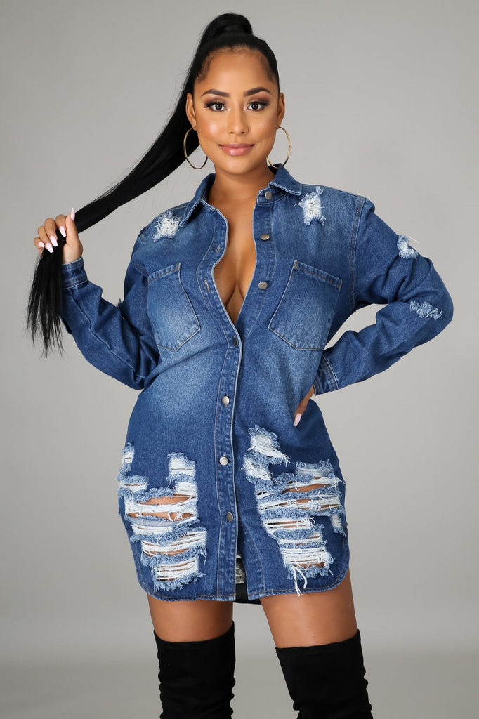 Women Fashion Personality Ripped Single Breasted Long Sleeve Denim Jacket