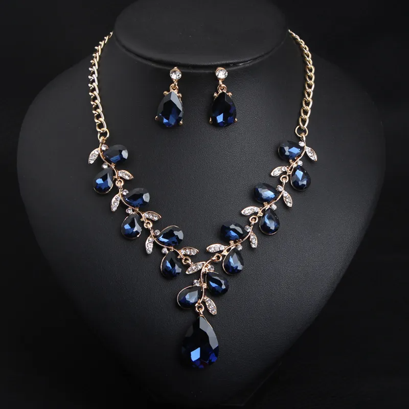 Women Fashion Exaggerated Crystal Gem Leaves Necklace Earrings Set