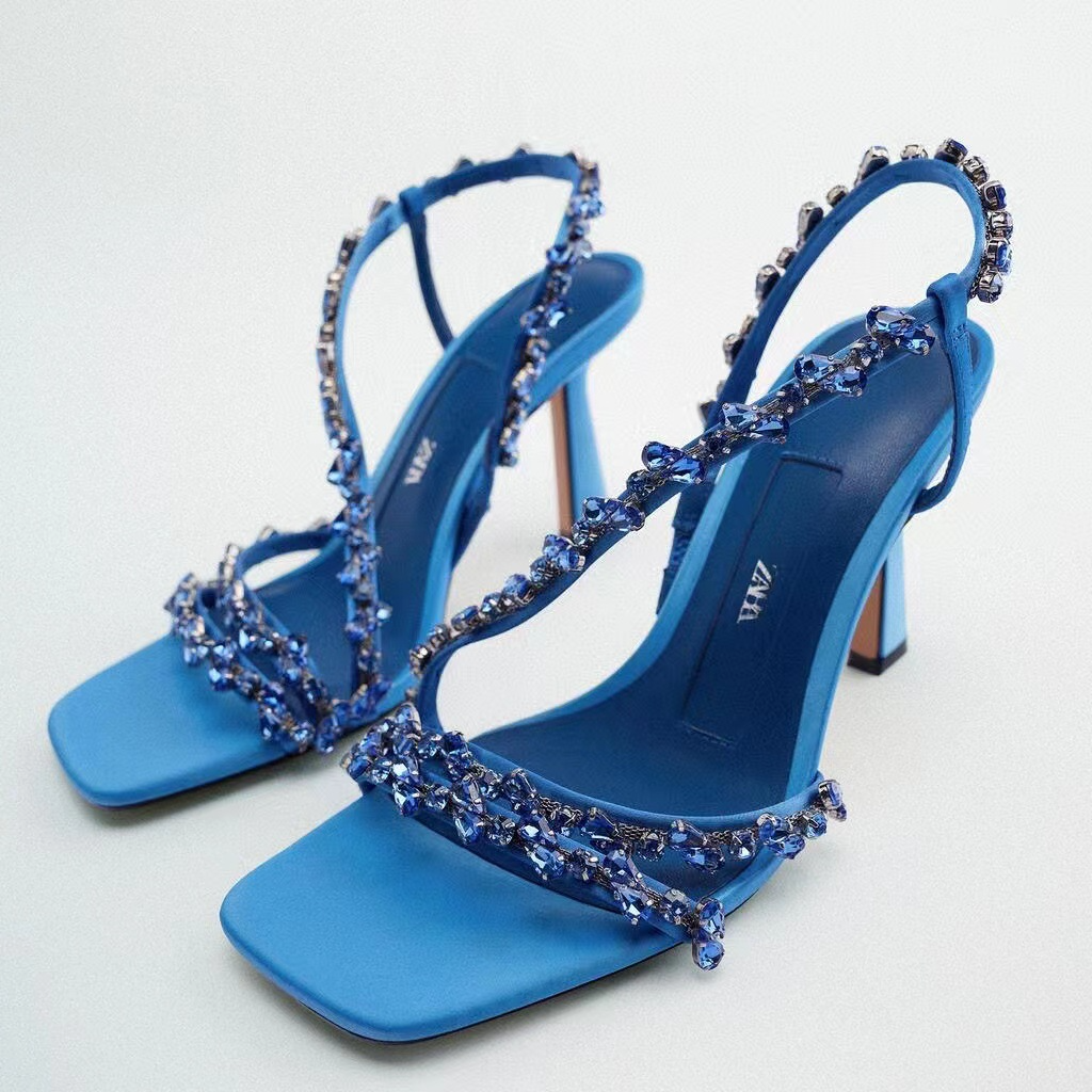 Women Fashion Plus Size Sexy Rhinestone Strap Square Toe Heeled Sandals