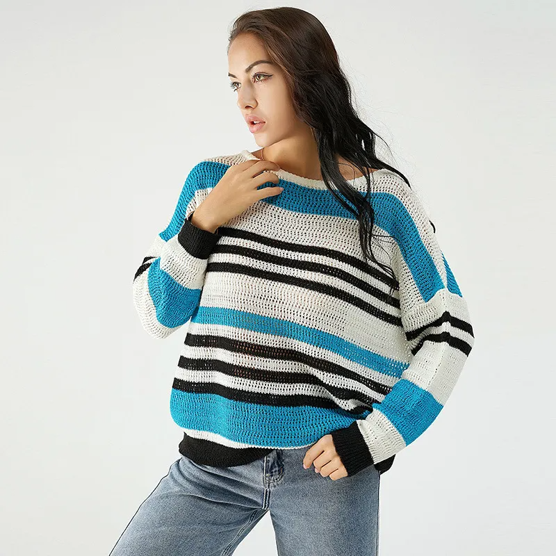 Women Casual Loose Stripe Long Sleeve Knitted Sweater