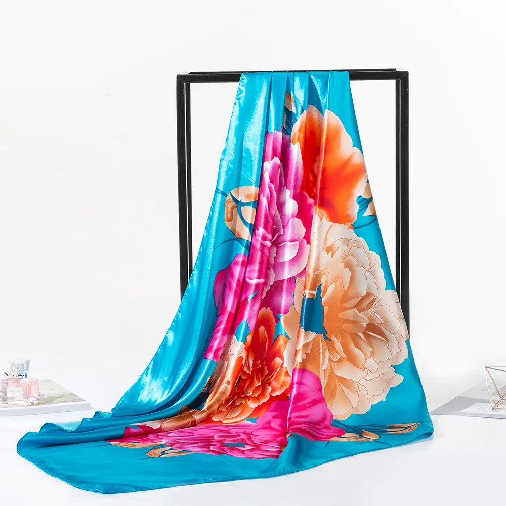 (Buy 1 Get 2 ) 90*90Cm Women'S Fashion Large Floral Print Silk Scarf