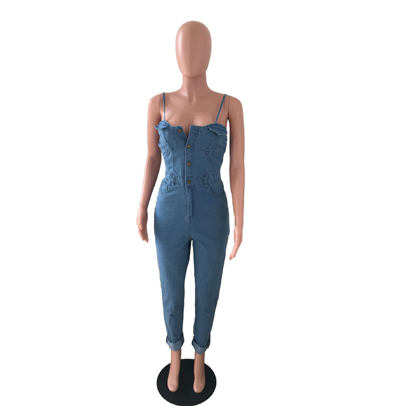 Women Single-Breasted Strap Denim Jumpsuits