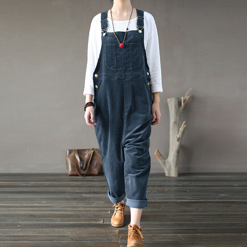 Women Fashion Vintage Corduroy Solid Color Casual Long Overalls Jumpsuits