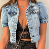 2 Pieces  Women Fashion Vintage Frayed Denim Short Sleeve Single-Breasted Jacket