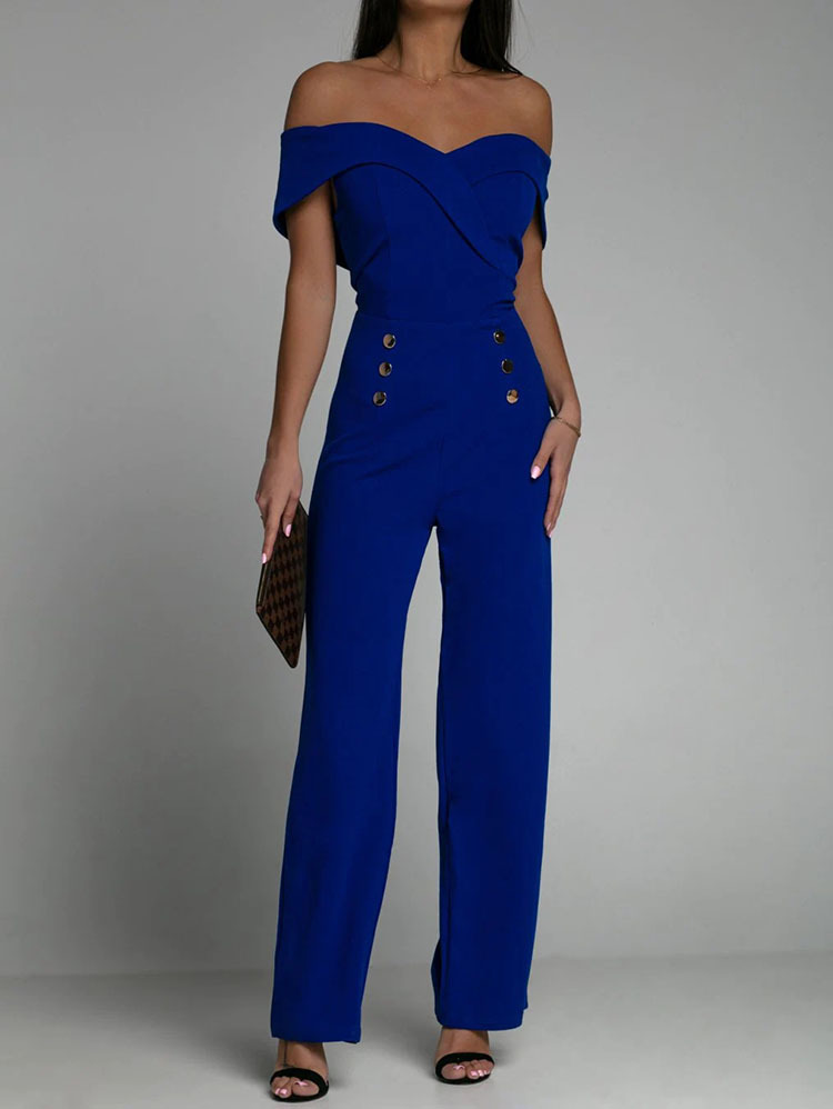 Women Solid Color Word Neck Short Sleeve Waist Casual Jumpsuit