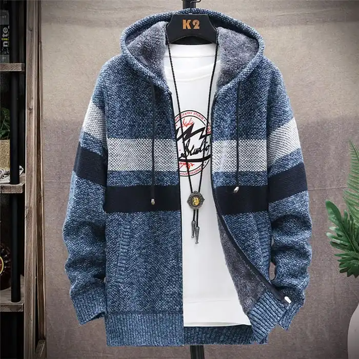 Men Fashion Color Blocking Zipper Hooded Knitwear Coat