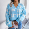 Women Fashion Color Block Floral Lantern Sleeve Cardigan Sweater Coat