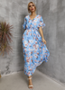 Women Fashion Casual Floral Printing V-Neck Short Sleeve Slit Dress