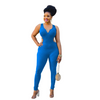 Women Solid Color V-Neck Sleeveless Hollow Waist Fashion Jumpsuit