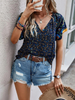 Fashion Women Summer Casual Boho Floral Printed V-Neck Short-Sleeved Loose Blouse