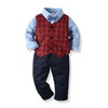 4 Pcs Set Boy Red Plaid Print Vest And Blue Shirt And Pant With Bowtie