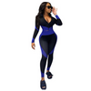 Women Fashion Color Blocking Zipper Top And Pants Sport Two Pieces Set