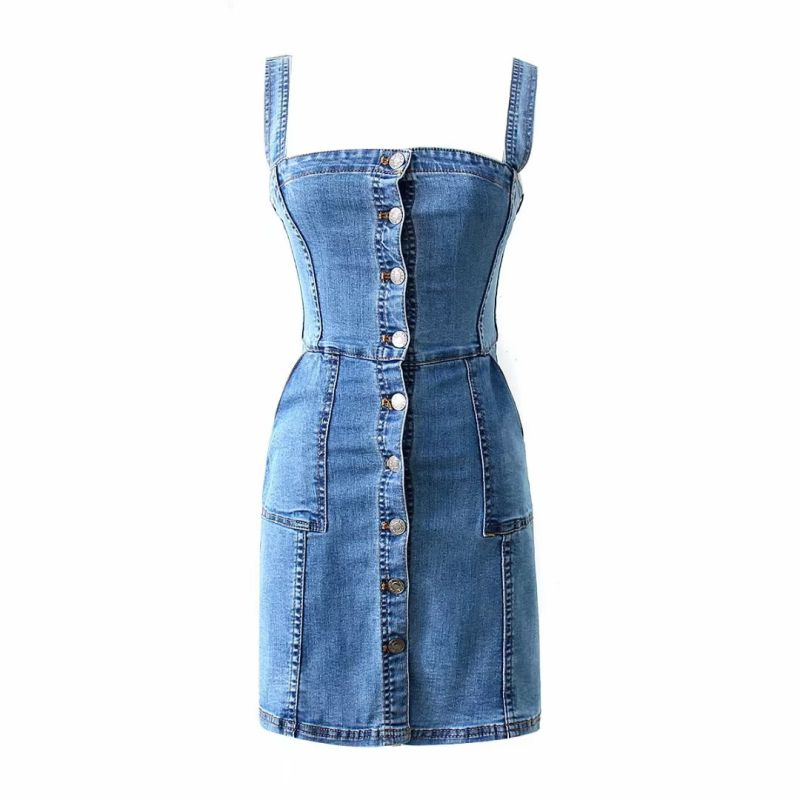 Fashion Women Campus Style Single-Breasted Suspender Denim Dress